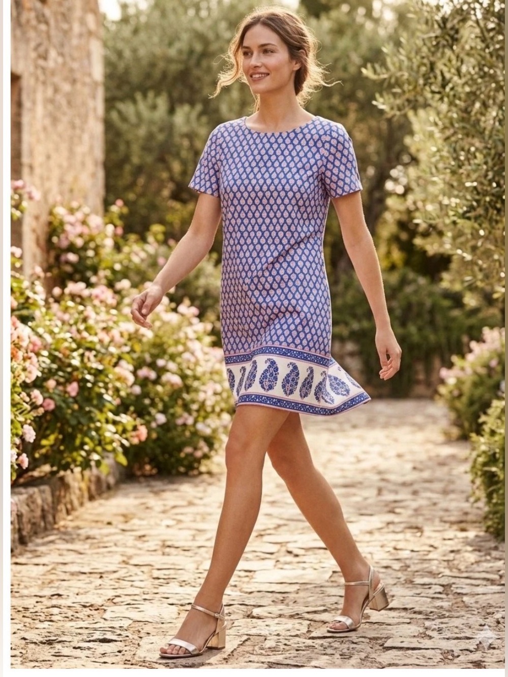 J. Crew Blue Printed Short Shift Dress with Border Hem